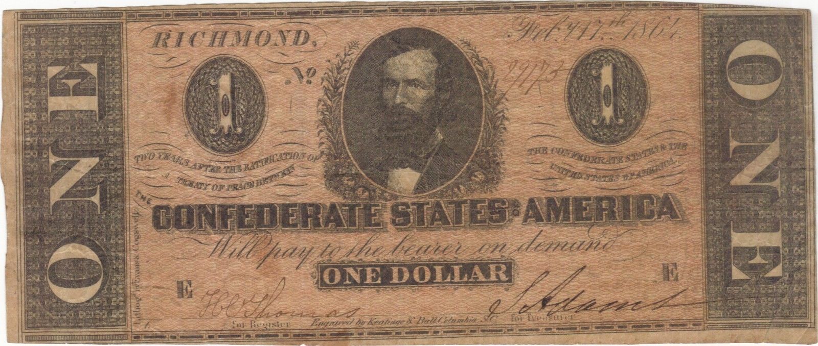 1864 $1 ONE DOLLAR CONFEDERATE CURRENCY BANKNOTE NOTE MONEY BILL CASH CIVIL WAR