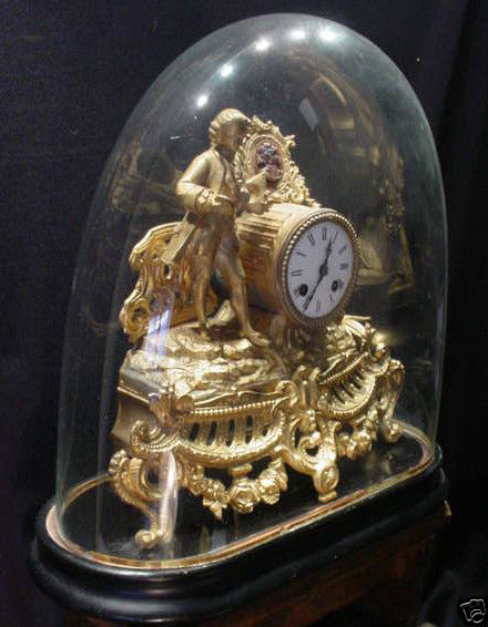 French Gilt Figural Clock with Glass Dome