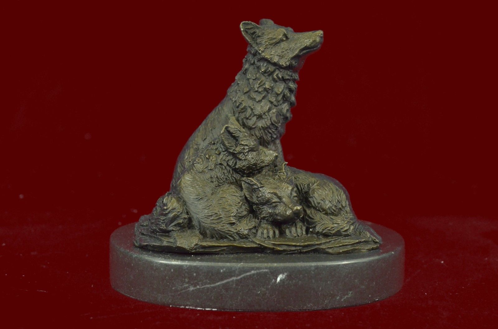 Signed Barye Miniature Wolf Family Marble Base Figurine Bronze Sculpture Statue