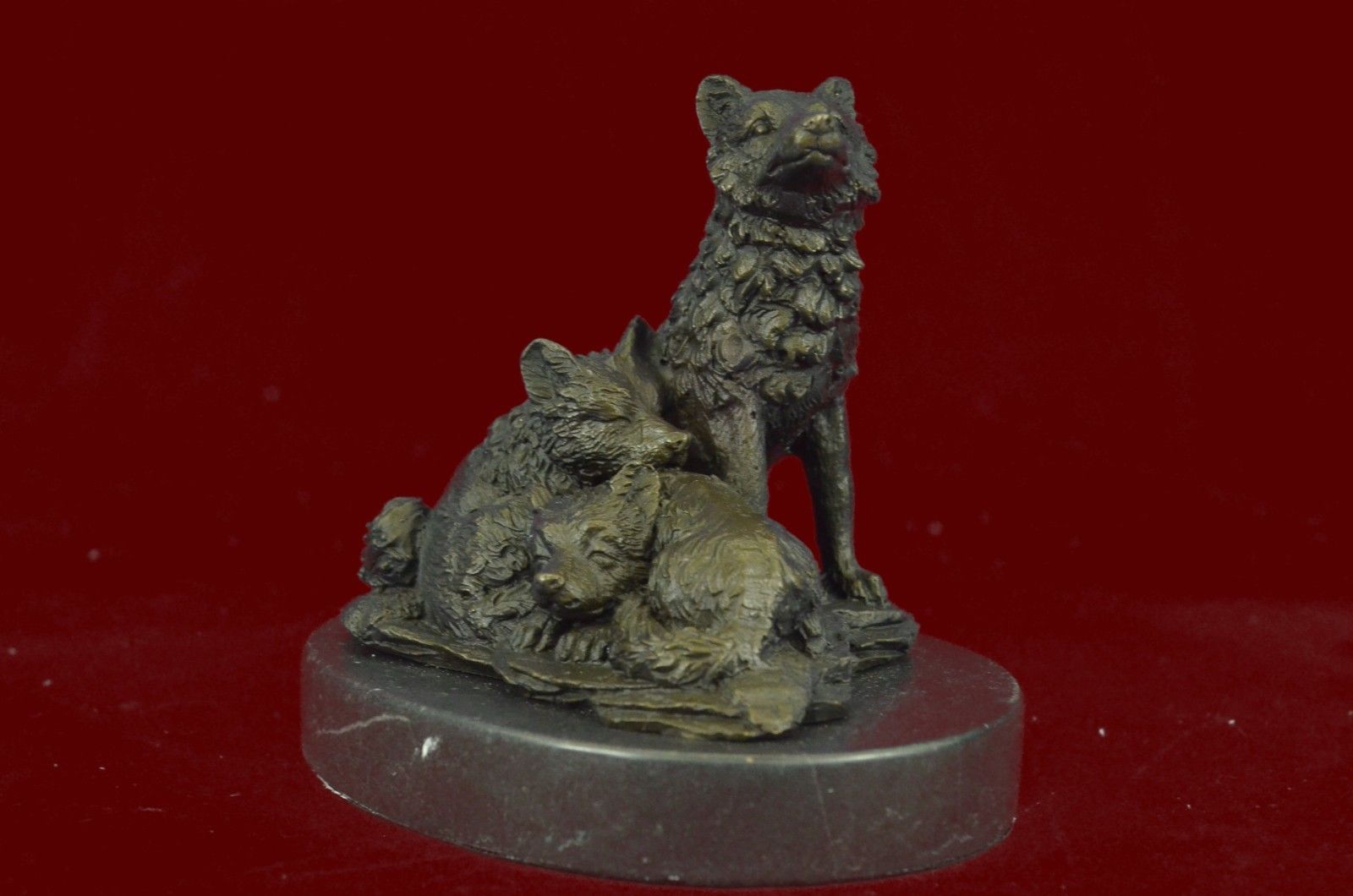 Signed Barye Miniature Wolf Family Marble Base Figurine Bronze Sculpture Statue