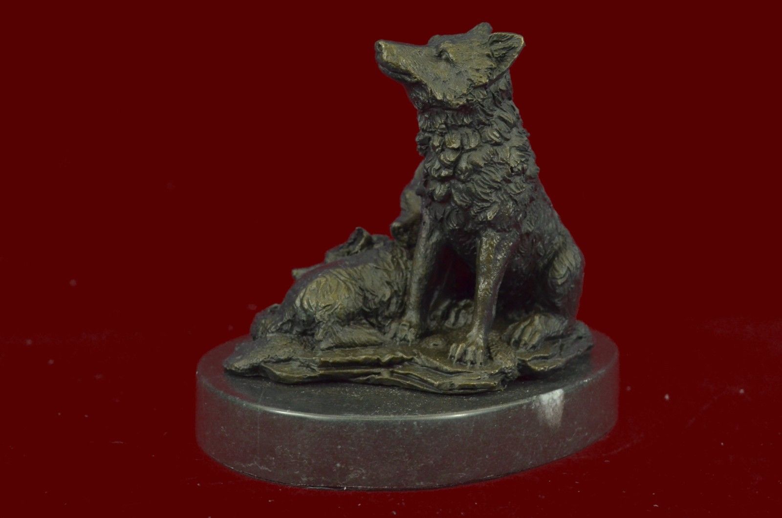 Signed Barye Miniature Wolf Family Marble Base Figurine Bronze Sculpture Statue