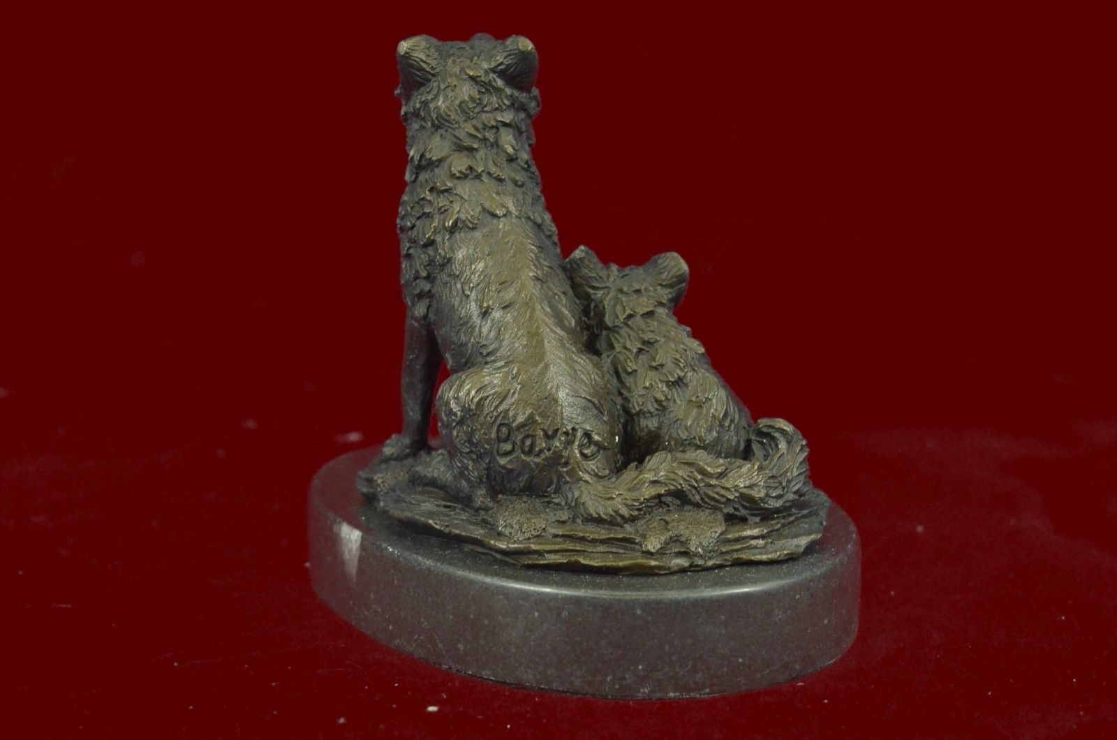 Signed Barye Miniature Wolf Family Marble Base Figurine Bronze Sculpture Statue