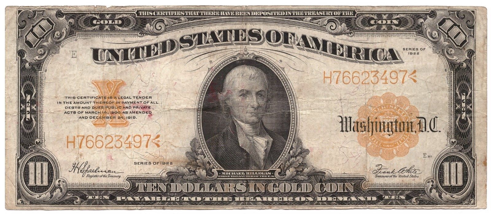 1922 United States Ten Gold Certificate Large Note $10 Dollars USA      6325