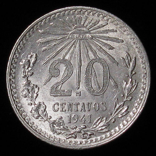 1941 Mexico 20 Centavos silver coin high grade