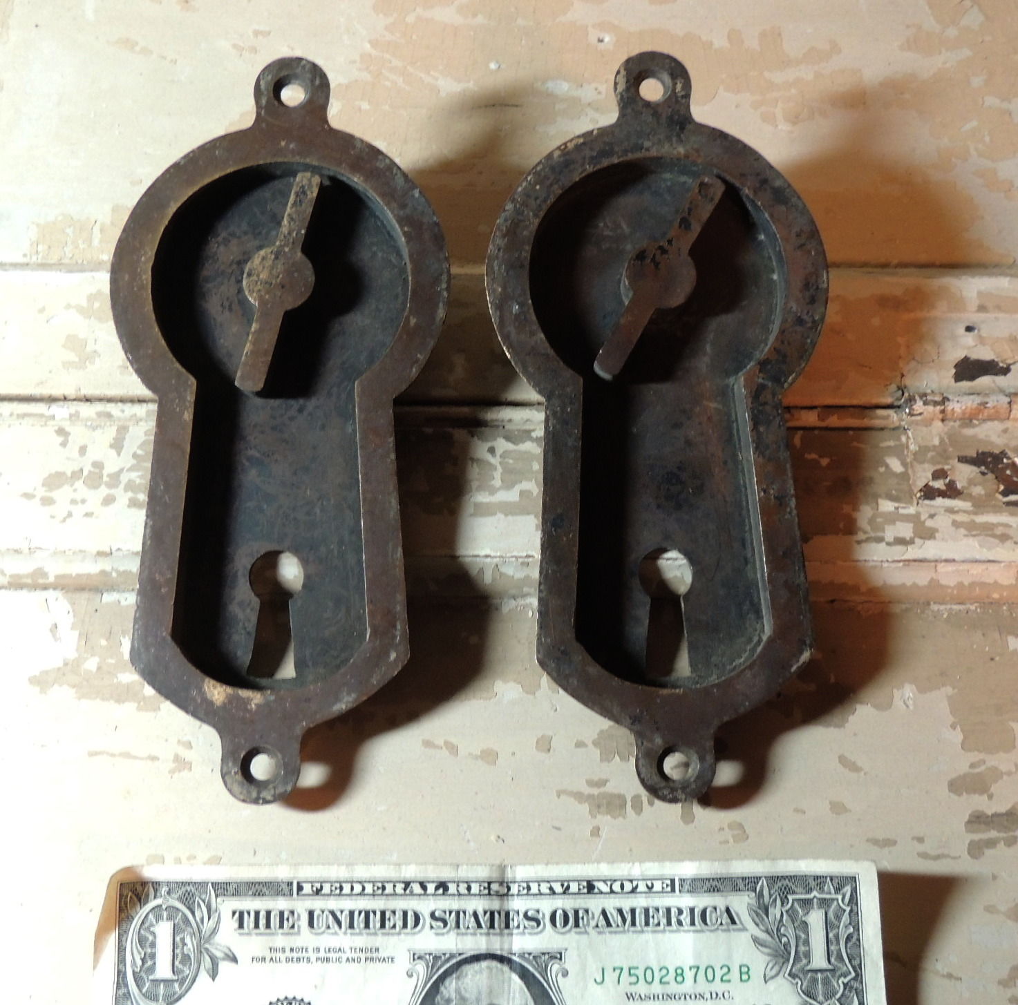 2 Antique vtg JB SHANNON Brass/Bronze POCKET DOOR Handle Pull LATCH Lock Knob