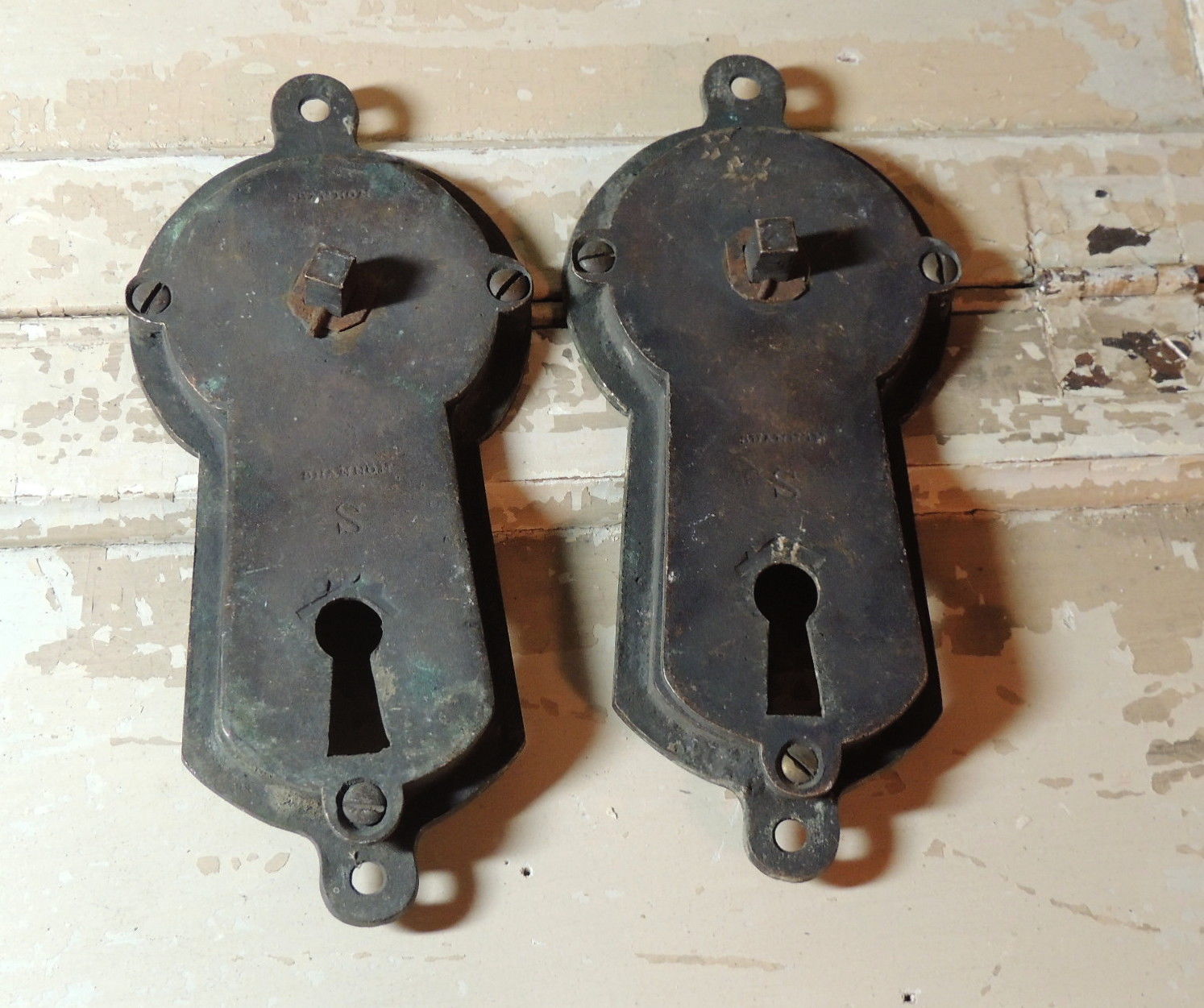 2 Antique vtg JB SHANNON Brass/Bronze POCKET DOOR Handle Pull LATCH Lock Knob