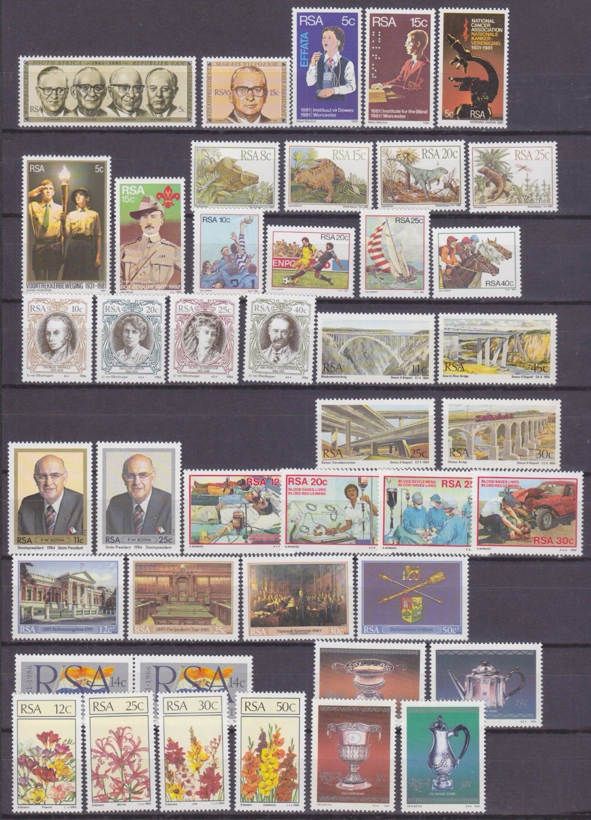 SOUTH AFRICA-A COLLECTION OF 86 STAMPS VARIOUS FROM 1974-1986 SETS COMPLETE MNH