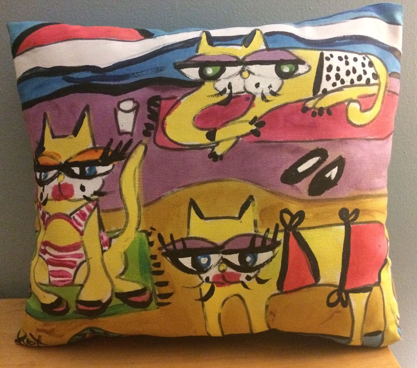 Hand Painted Signed Cats On The Beach Art Throw Pillow