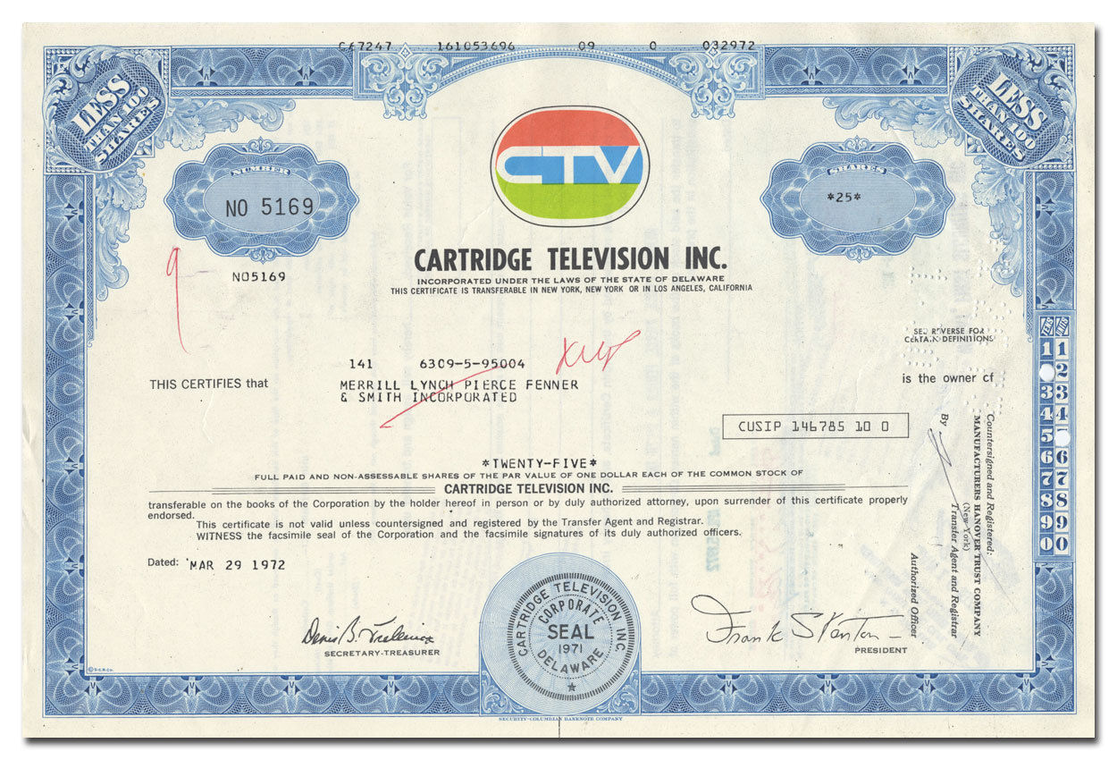 Cartridge Television, Inc. Stock Certificate (Cartrivision, Early VHS Pioneer)