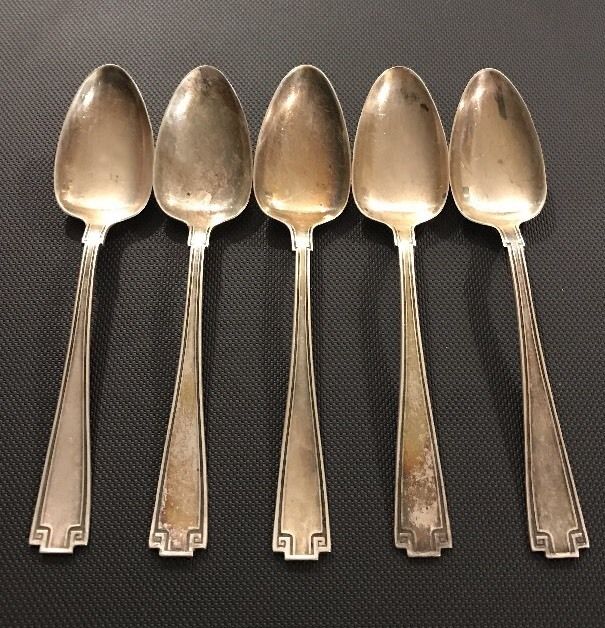 Set Of 5 Gorham Sterling Silver Etruscan Pattern Teaspoons