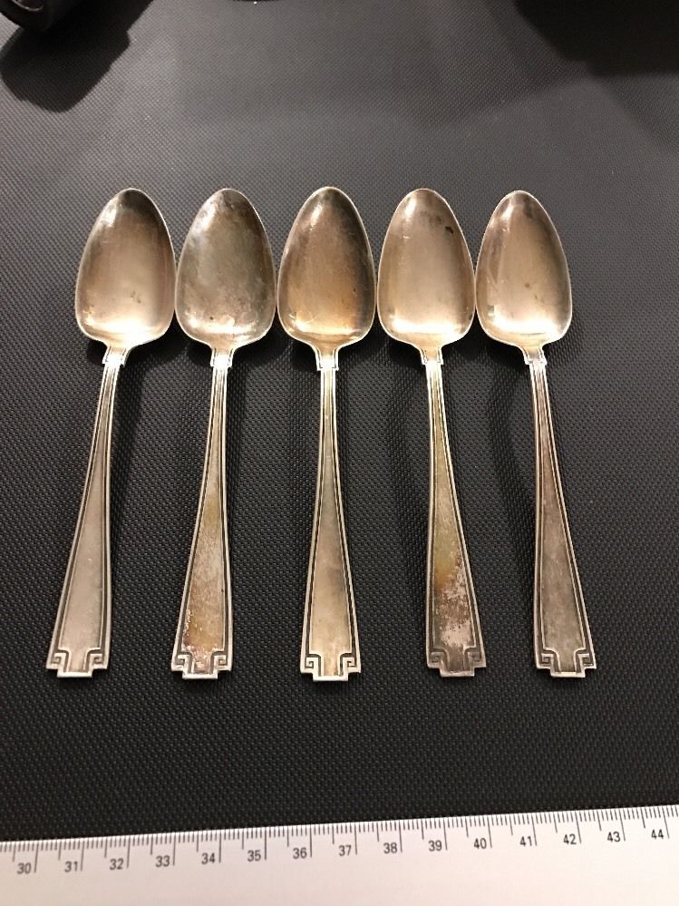 Set Of 5 Gorham Sterling Silver Etruscan Pattern Teaspoons