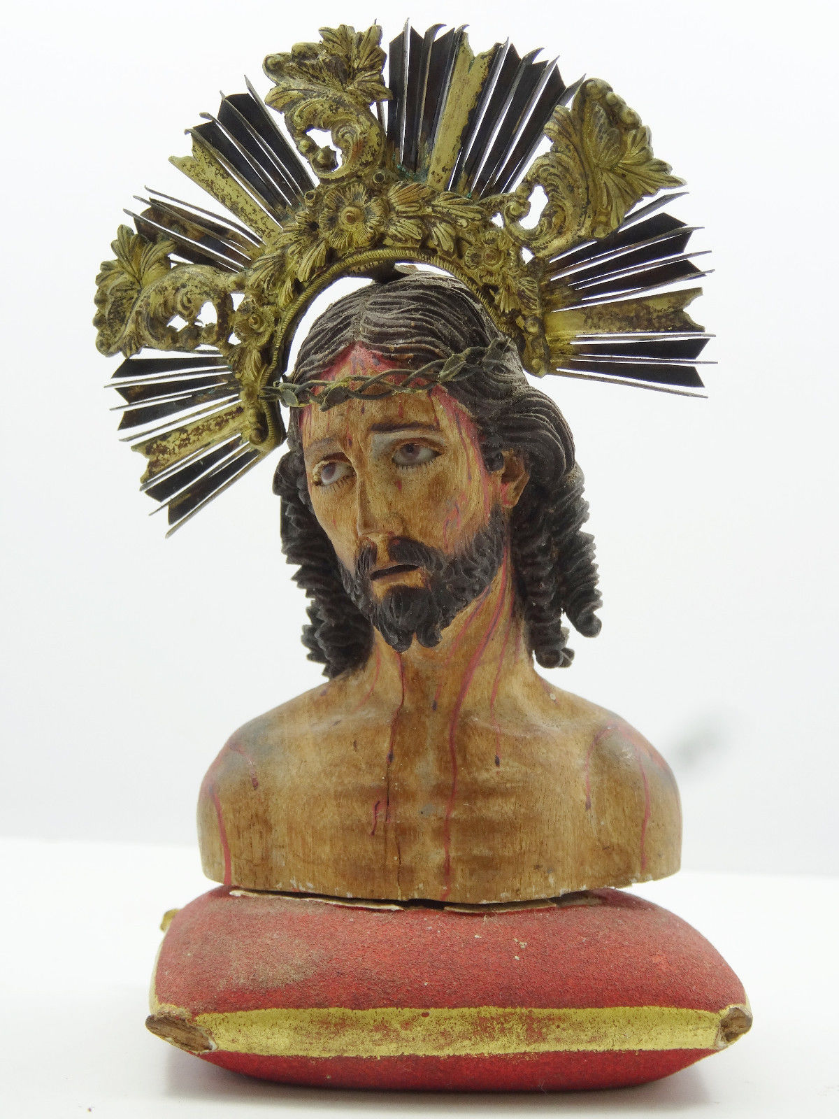 ANTIQUE 18 c HAND CARVED WOOD CHRIST POLYCHROME METAL CROWN GLASS EYES SCULPTURE