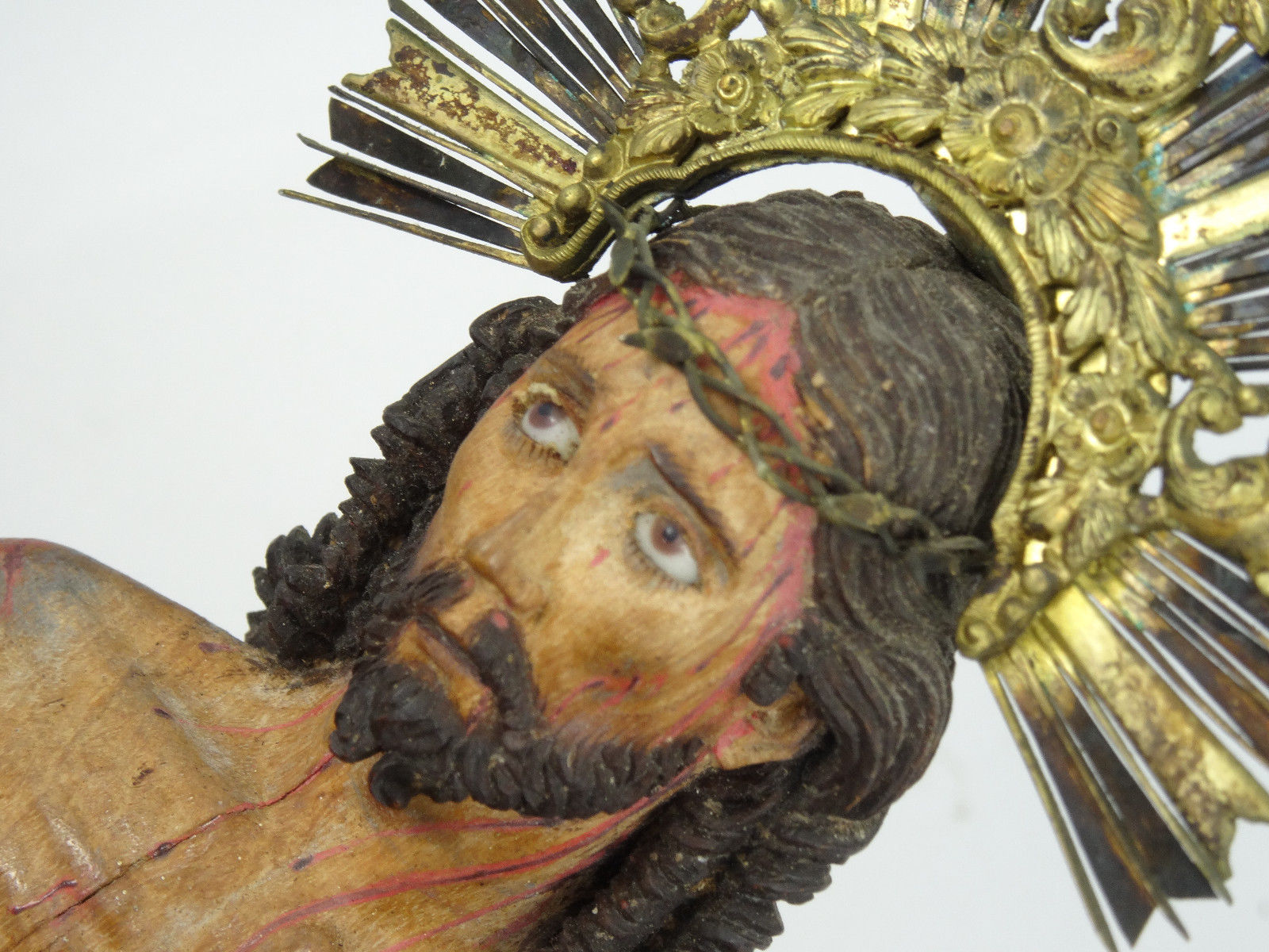 ANTIQUE 18 c HAND CARVED WOOD CHRIST POLYCHROME METAL CROWN GLASS EYES SCULPTURE