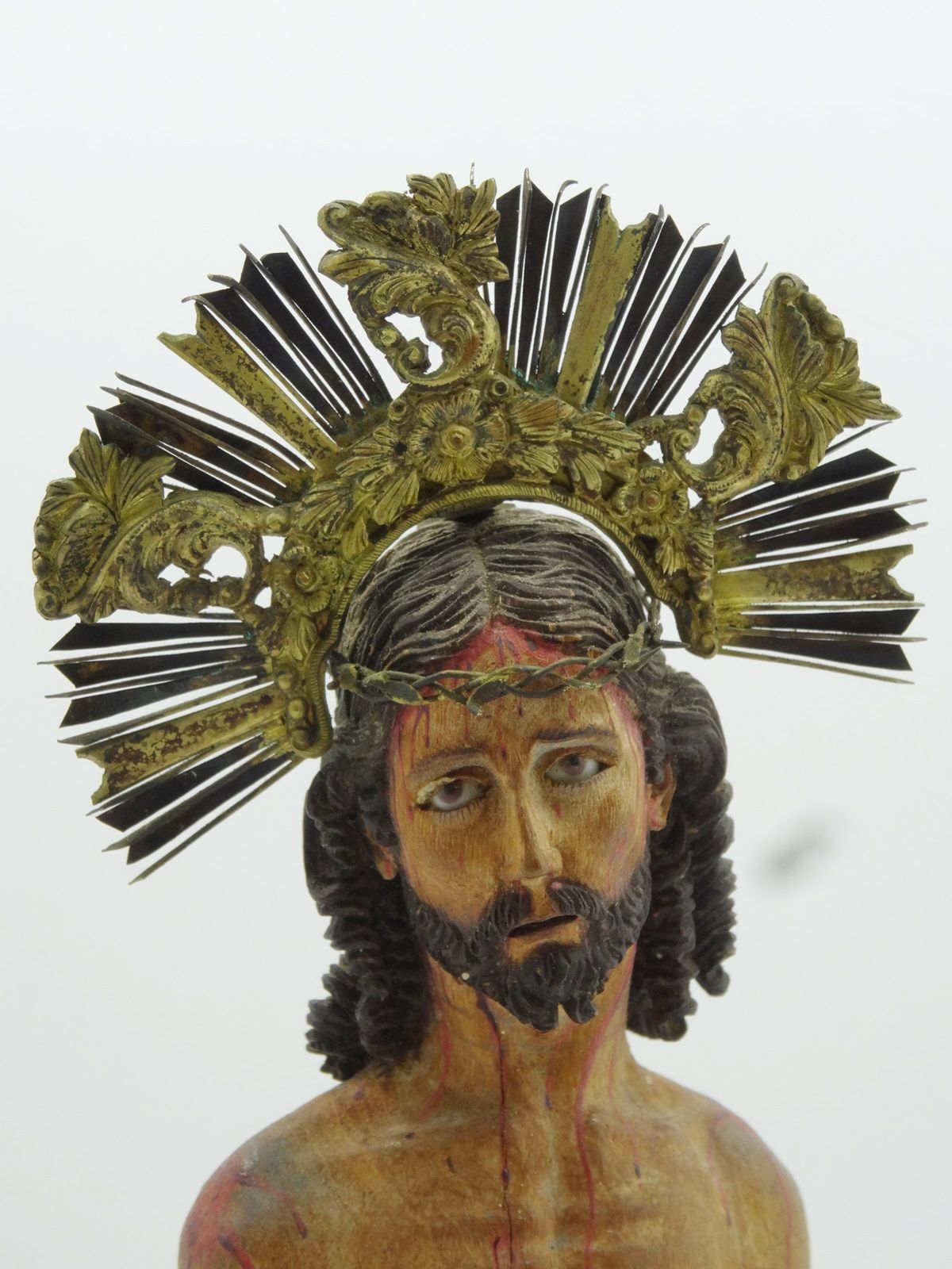 ANTIQUE 18 c HAND CARVED WOOD CHRIST POLYCHROME METAL CROWN GLASS EYES SCULPTURE