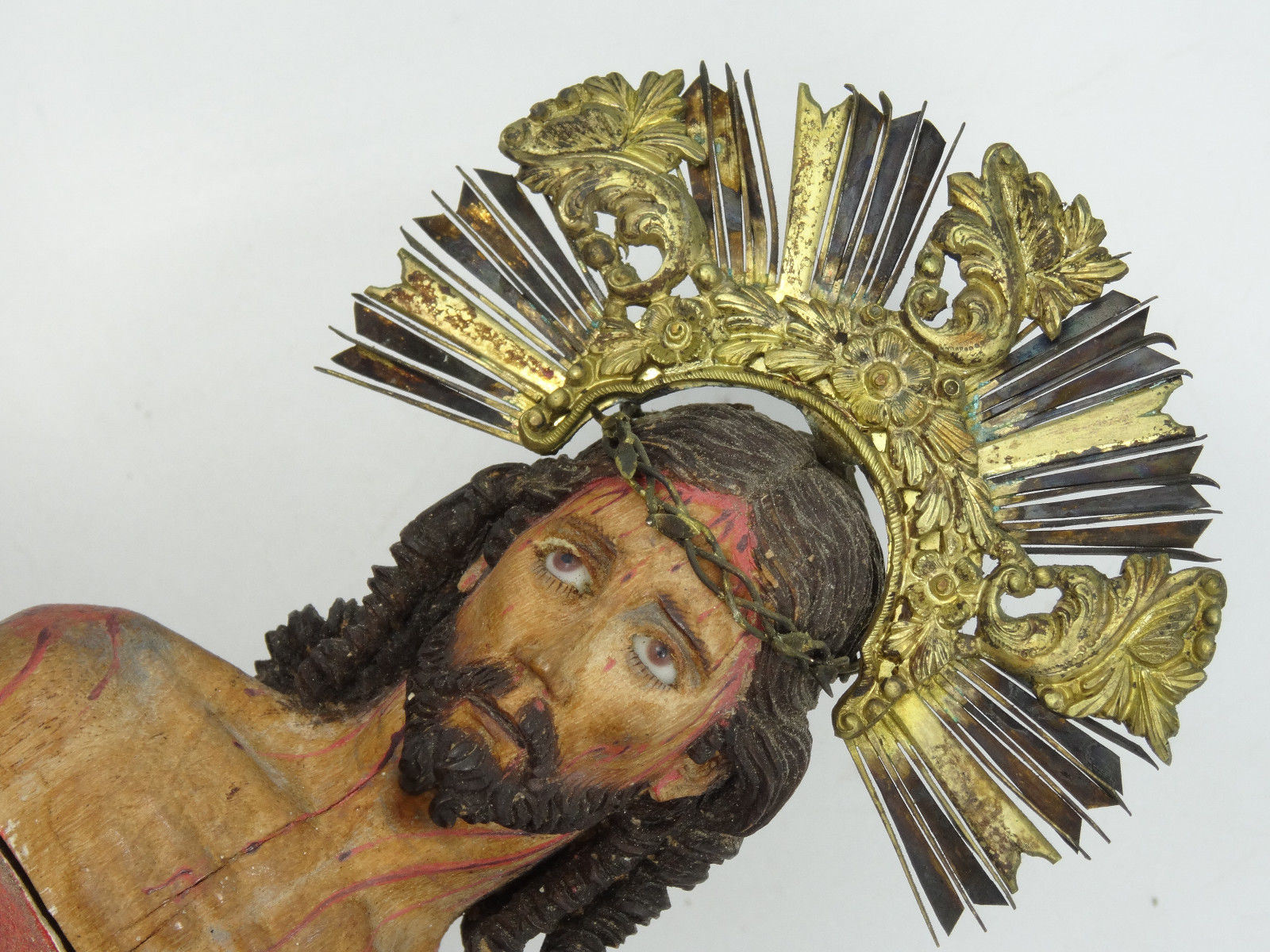 ANTIQUE 18 c HAND CARVED WOOD CHRIST POLYCHROME METAL CROWN GLASS EYES SCULPTURE