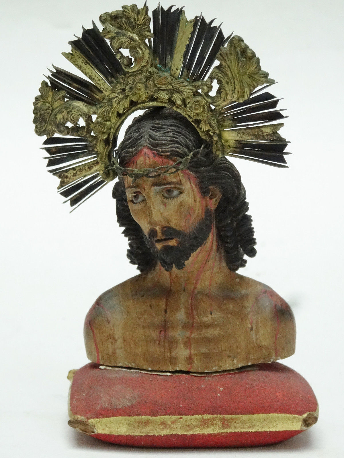 ANTIQUE 18 c HAND CARVED WOOD CHRIST POLYCHROME METAL CROWN GLASS EYES SCULPTURE