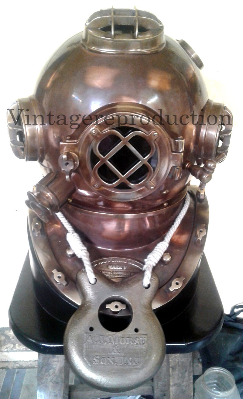 Antique Vintage 18" Diving Helmet With Wooden Base US. Navy Mark V Divers Helmet