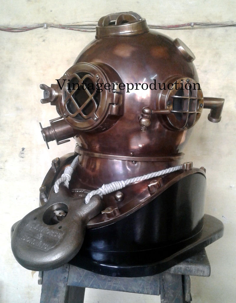 Antique Vintage 18" Diving Helmet With Wooden Base US. Navy Mark V Divers Helmet