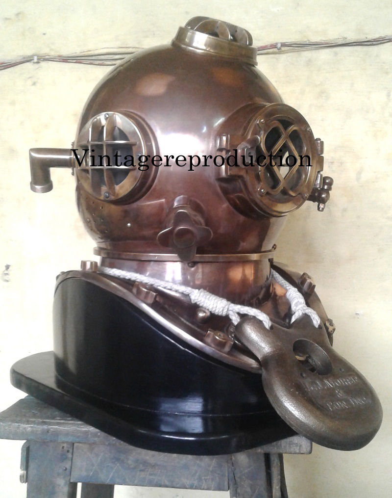 Antique Vintage 18" Diving Helmet With Wooden Base US. Navy Mark V Divers Helmet