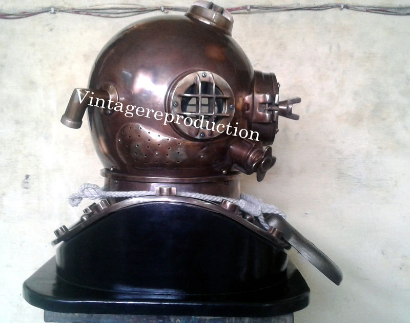 Antique Vintage 18" Diving Helmet With Wooden Base US. Navy Mark V Divers Helmet