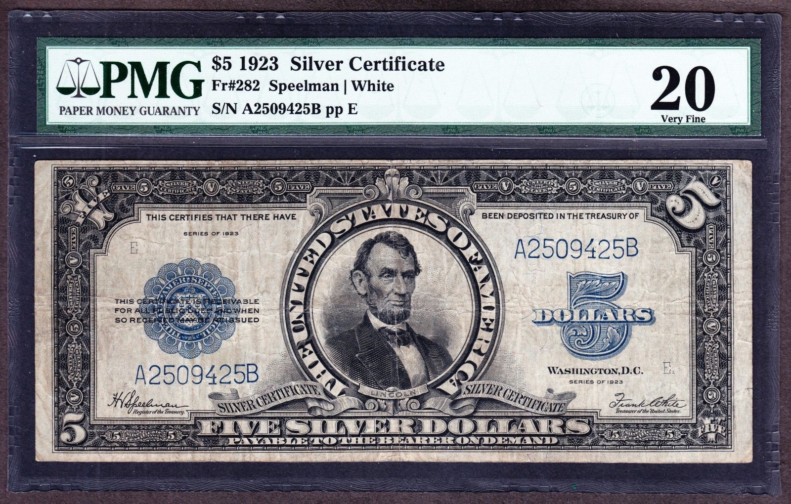 US 1923 $5 "Port Hole" Silver Certificate FR 282 PMG 20 VF (-425)