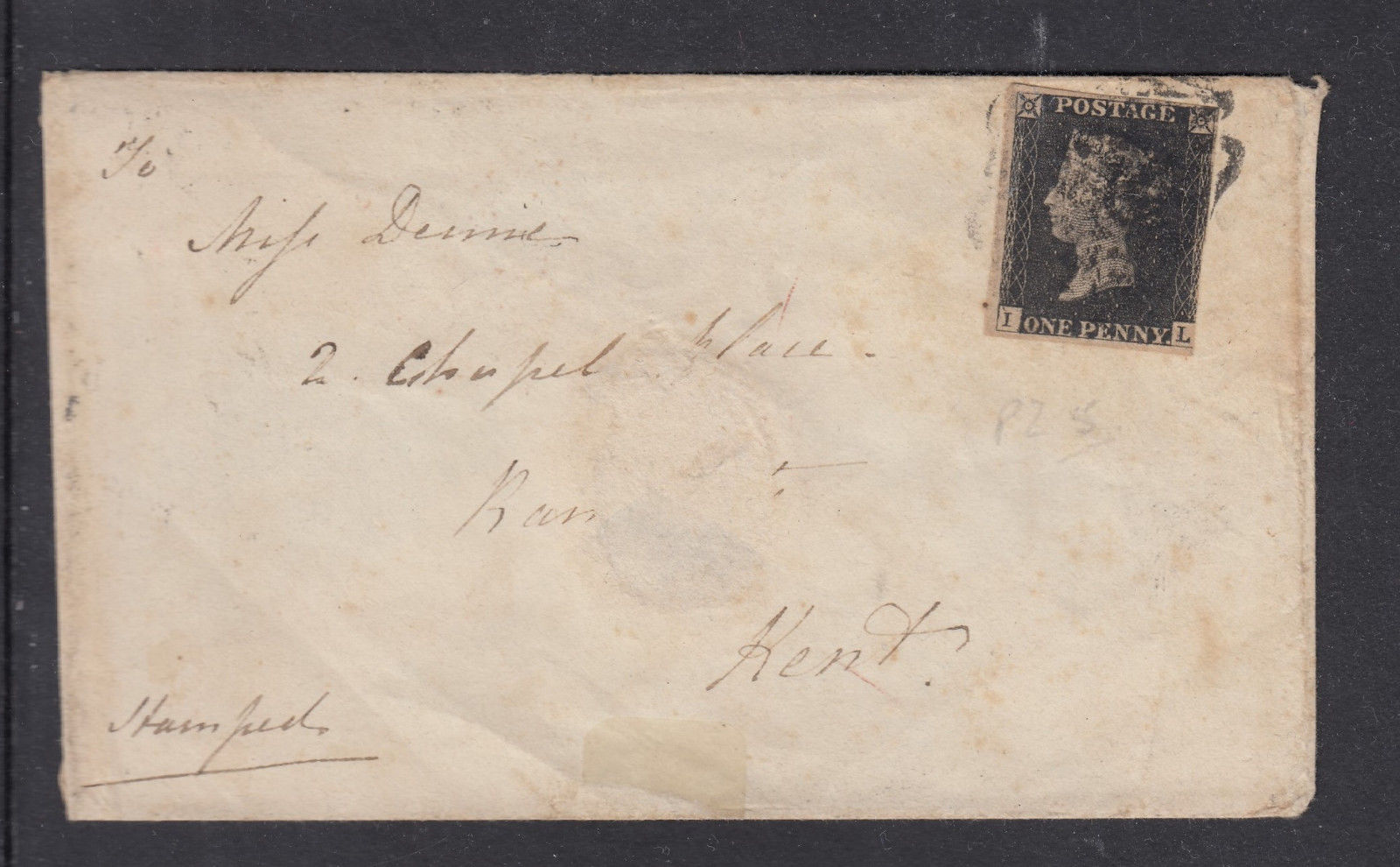 SG 2 1d black, Plate 5 (IL) on cover to Kent