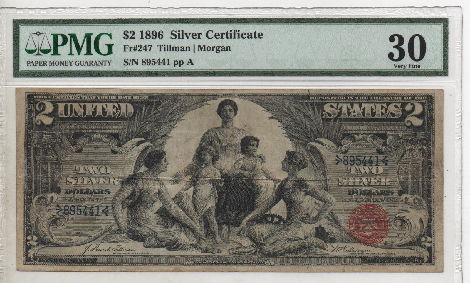 FR247 $2 1896 SERIES SILVER CERTIFICATE EDUCATION PMG VF 30 NOTE TILLMAN MORGAN