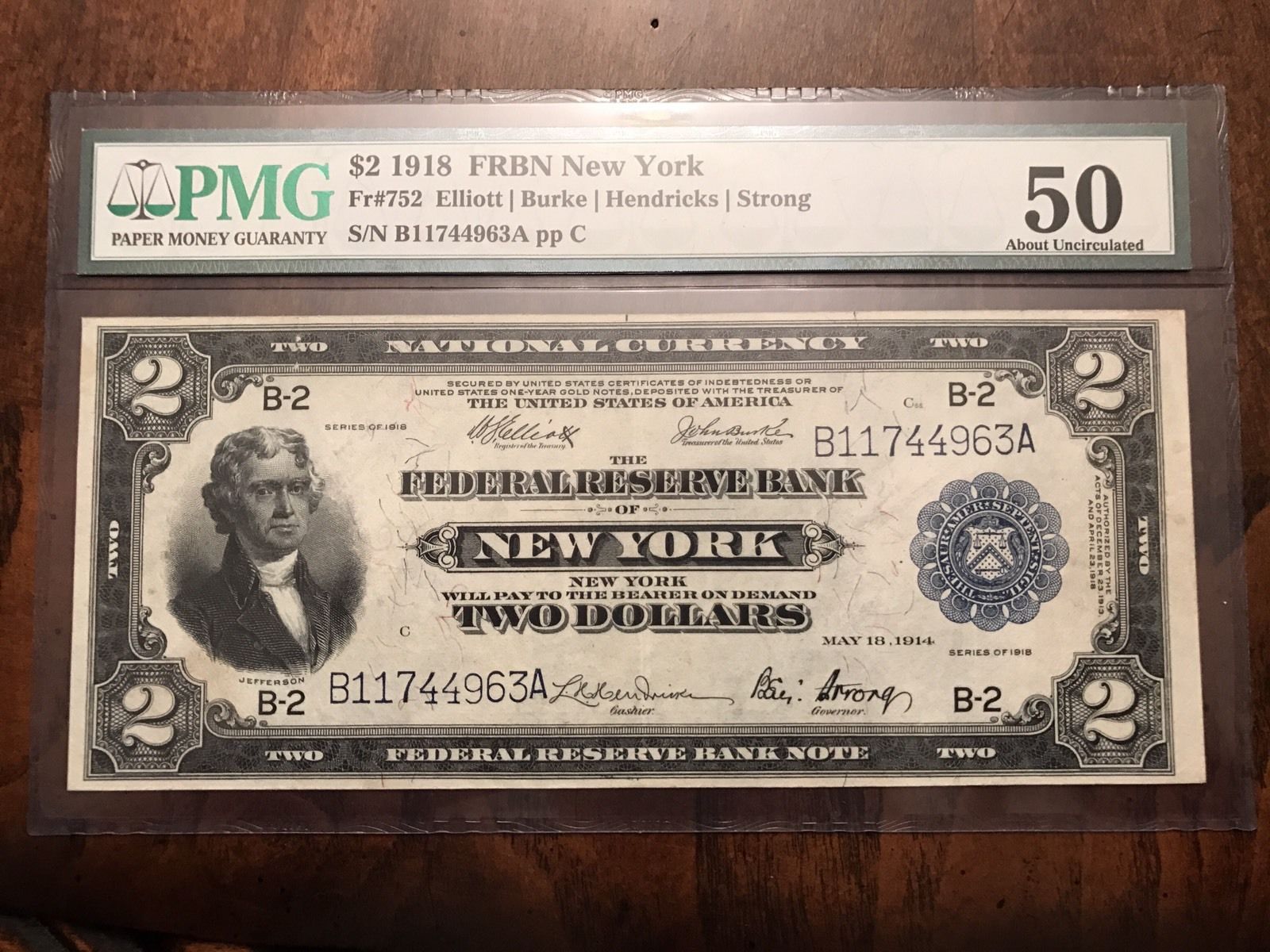 FR 752 1918 $2 FRBN New York ALMOST UNCIRCULATED AU50 PMG "BATTLESHIP NOTE"