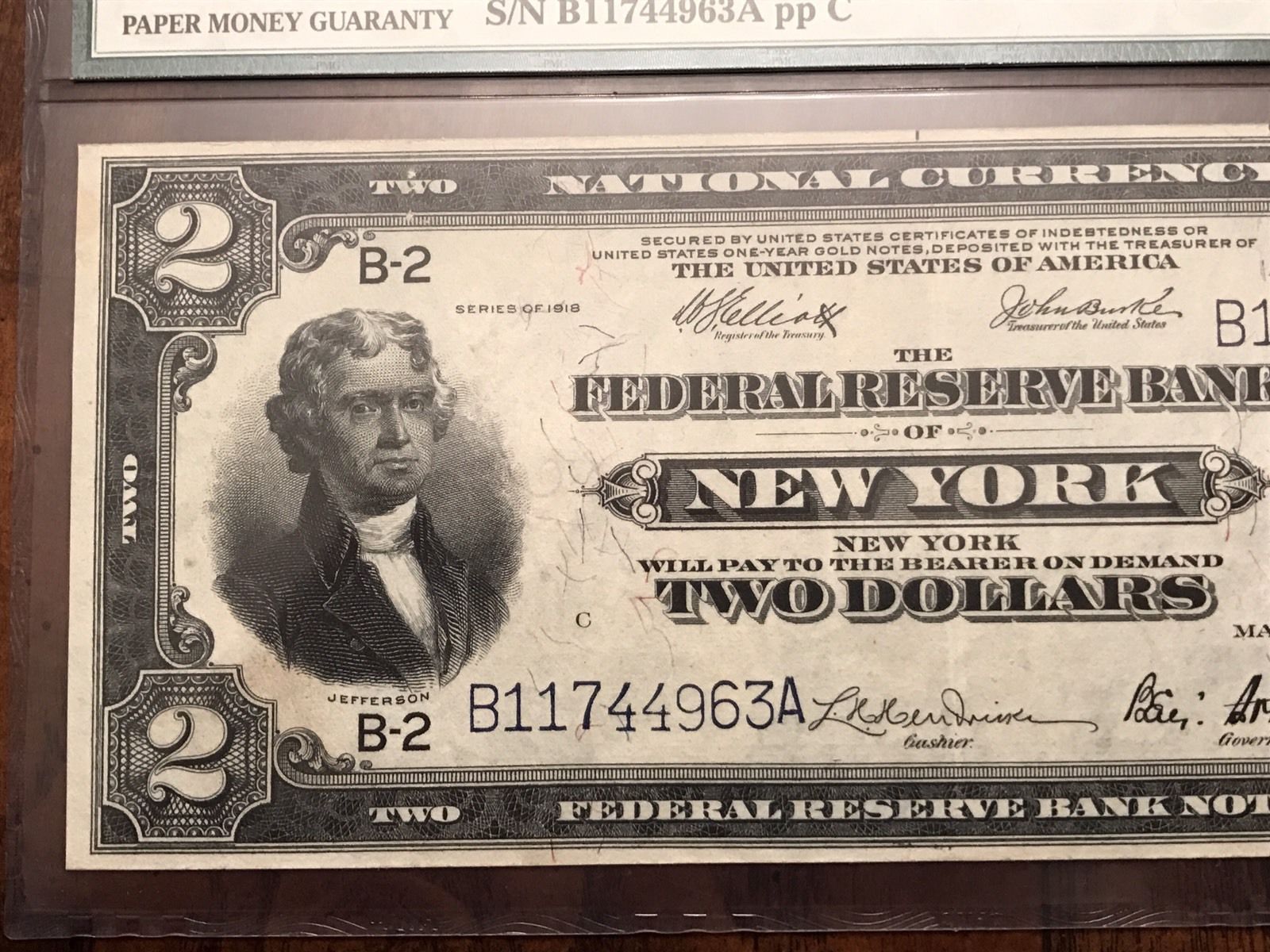 FR 752 1918 $2 FRBN New York ALMOST UNCIRCULATED AU50 PMG "BATTLESHIP NOTE"