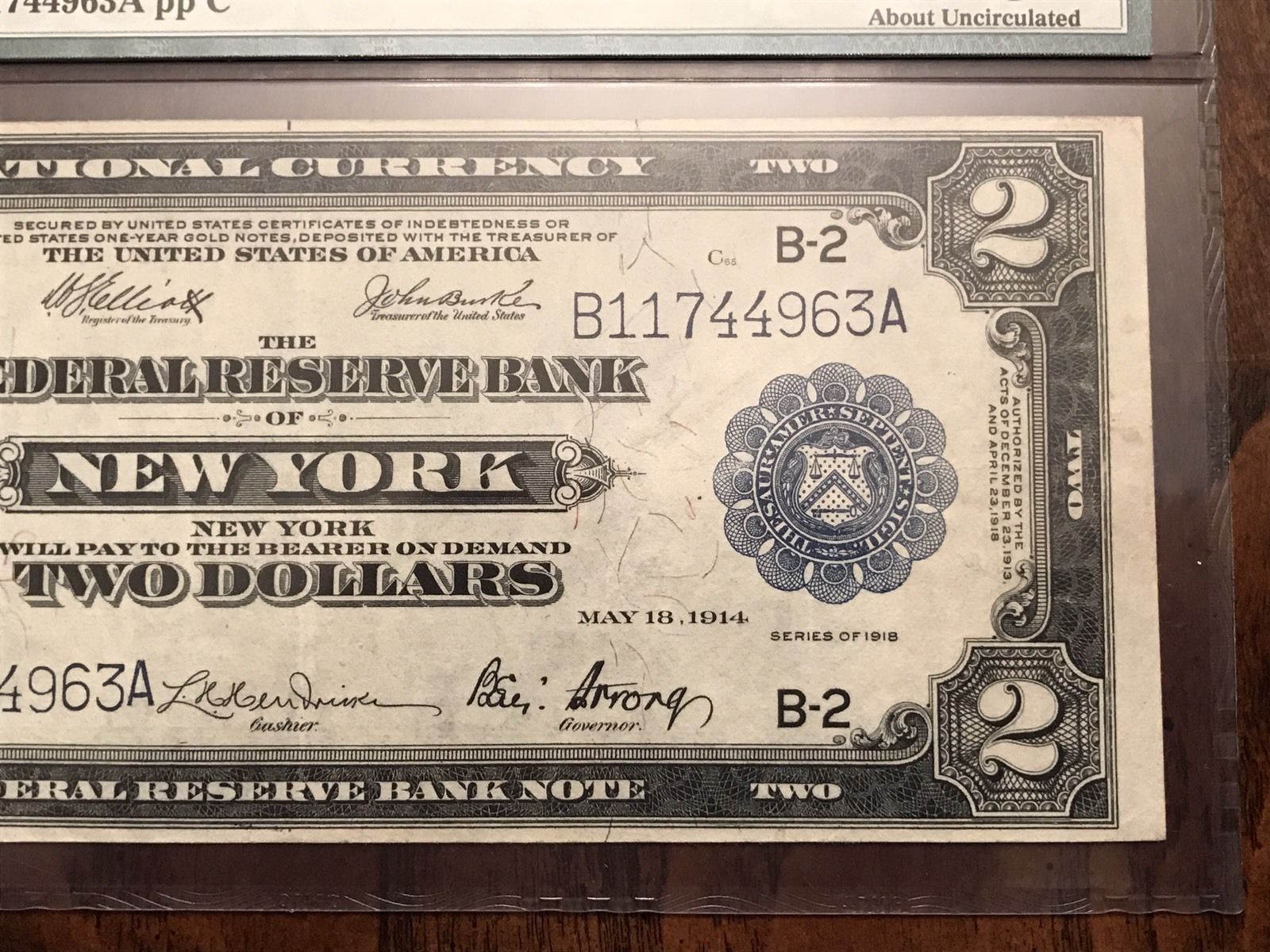 FR 752 1918 $2 FRBN New York ALMOST UNCIRCULATED AU50 PMG "BATTLESHIP NOTE"