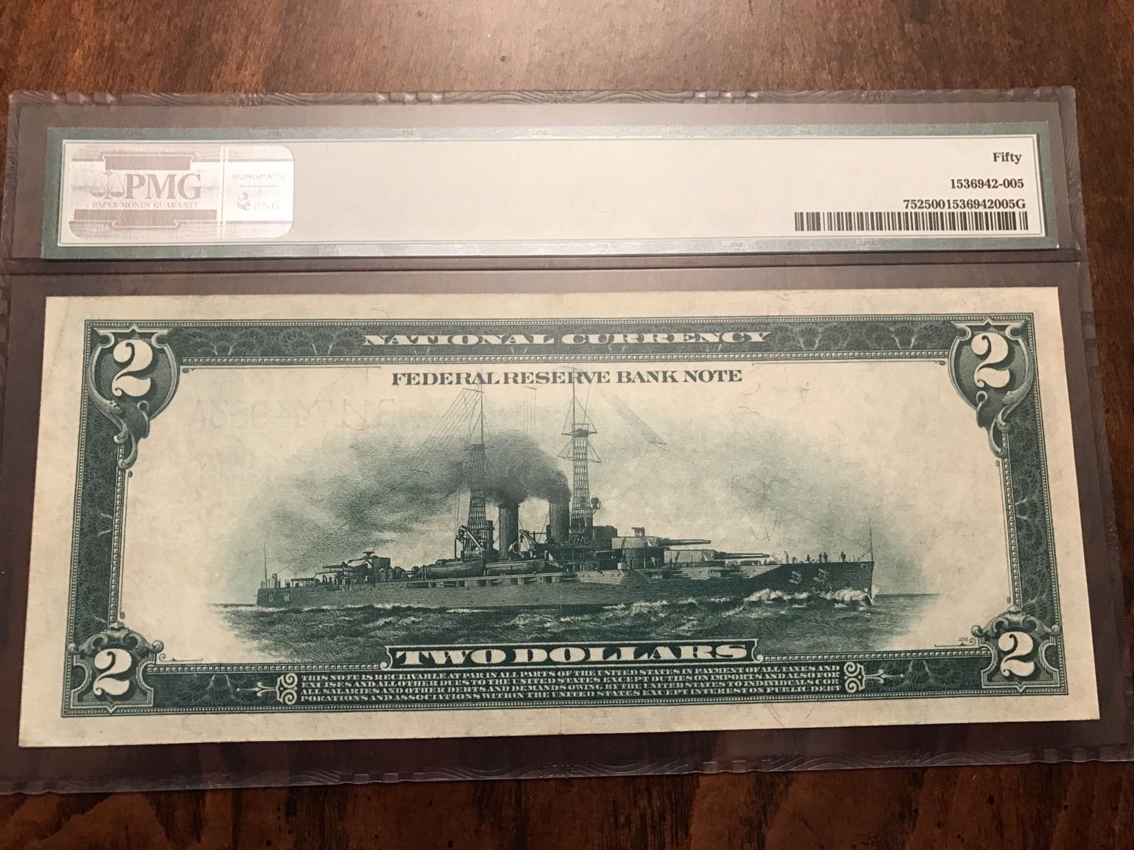 FR 752 1918 $2 FRBN New York ALMOST UNCIRCULATED AU50 PMG "BATTLESHIP NOTE"