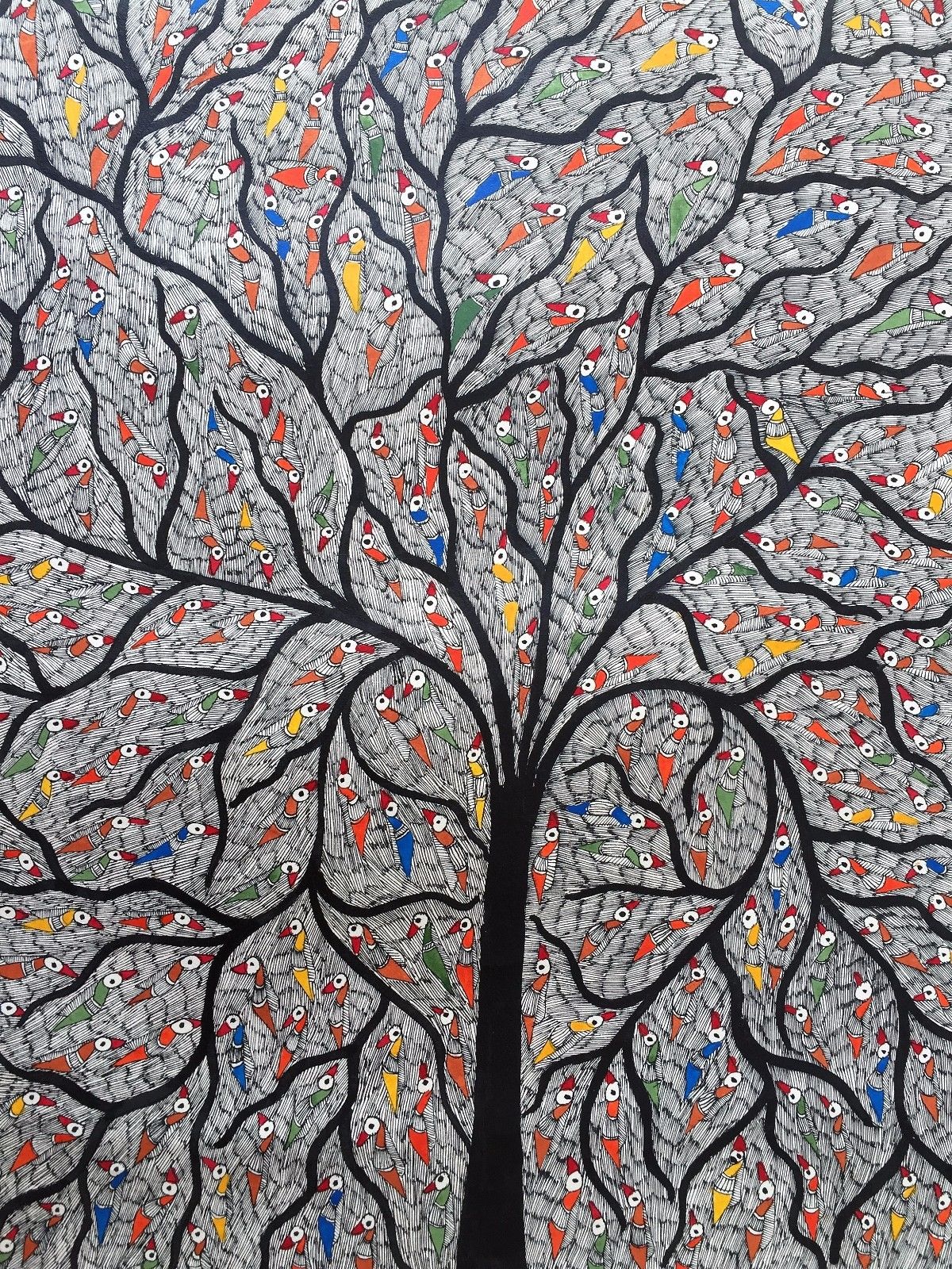 Large 30" Madhubani Mithila Paintings 'Tree of Life' Handmade Indian Folk Art