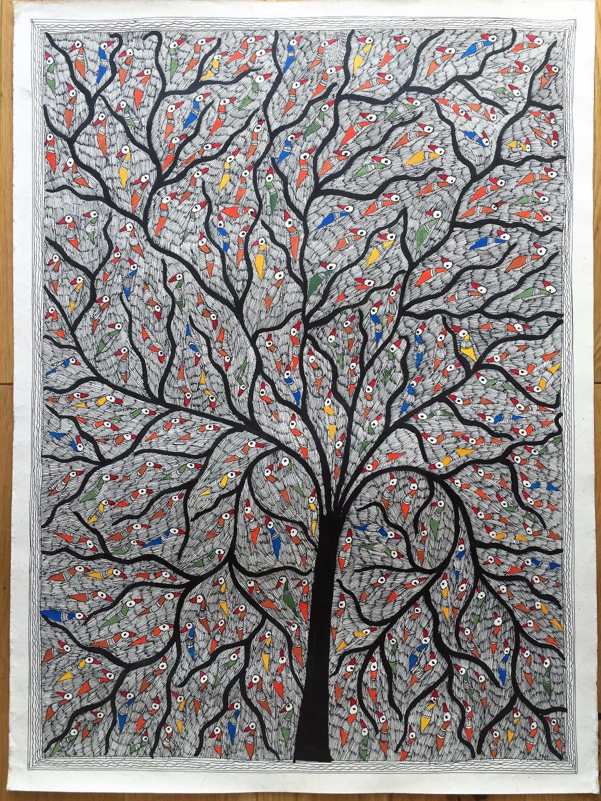 Large 30" Madhubani Mithila Paintings 'Tree of Life' Handmade Indian Folk Art