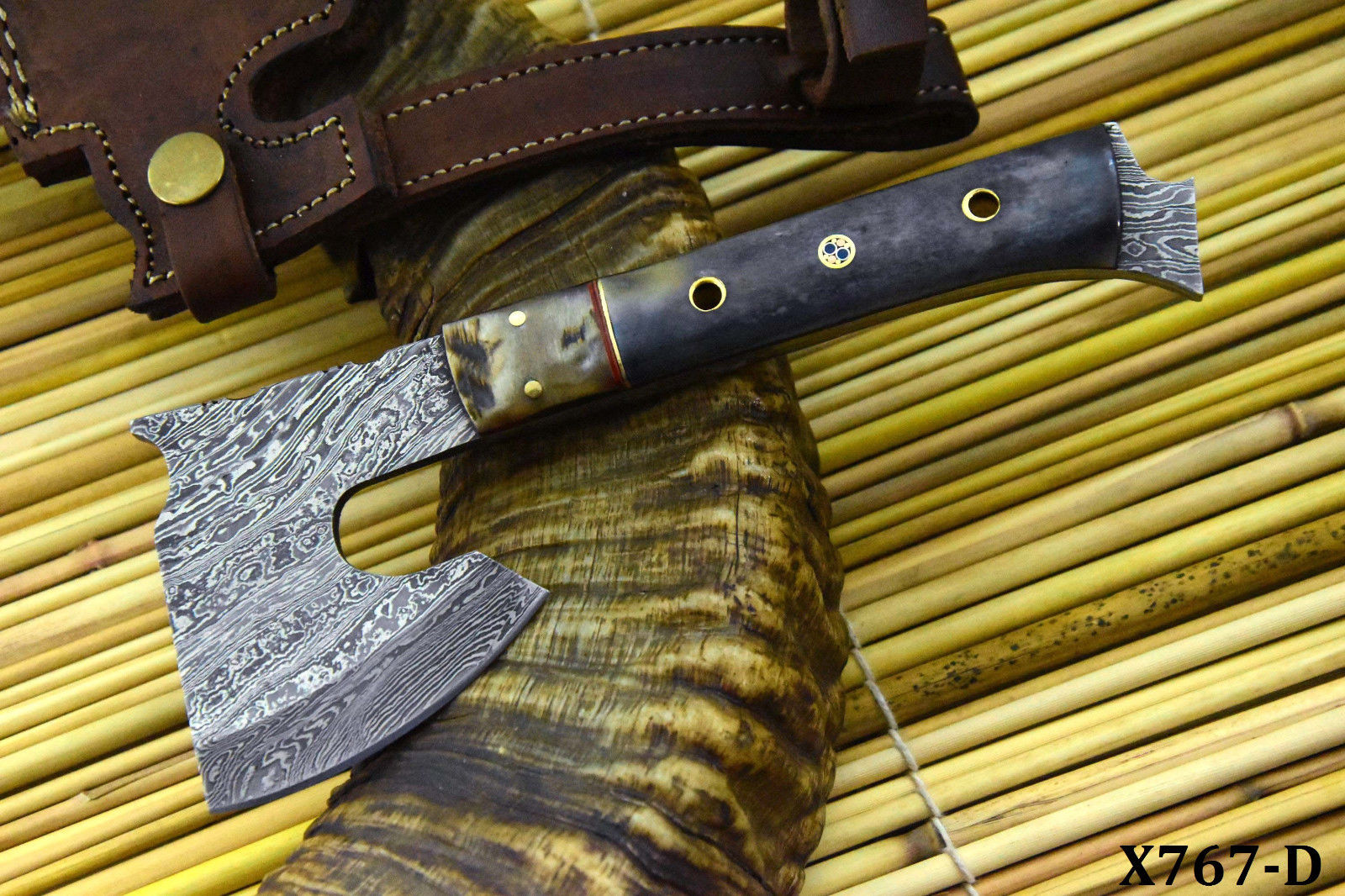 Damascus Axe Hunting Knife Handmade With Camel Bone & Rams Horn Handle (X767-D)