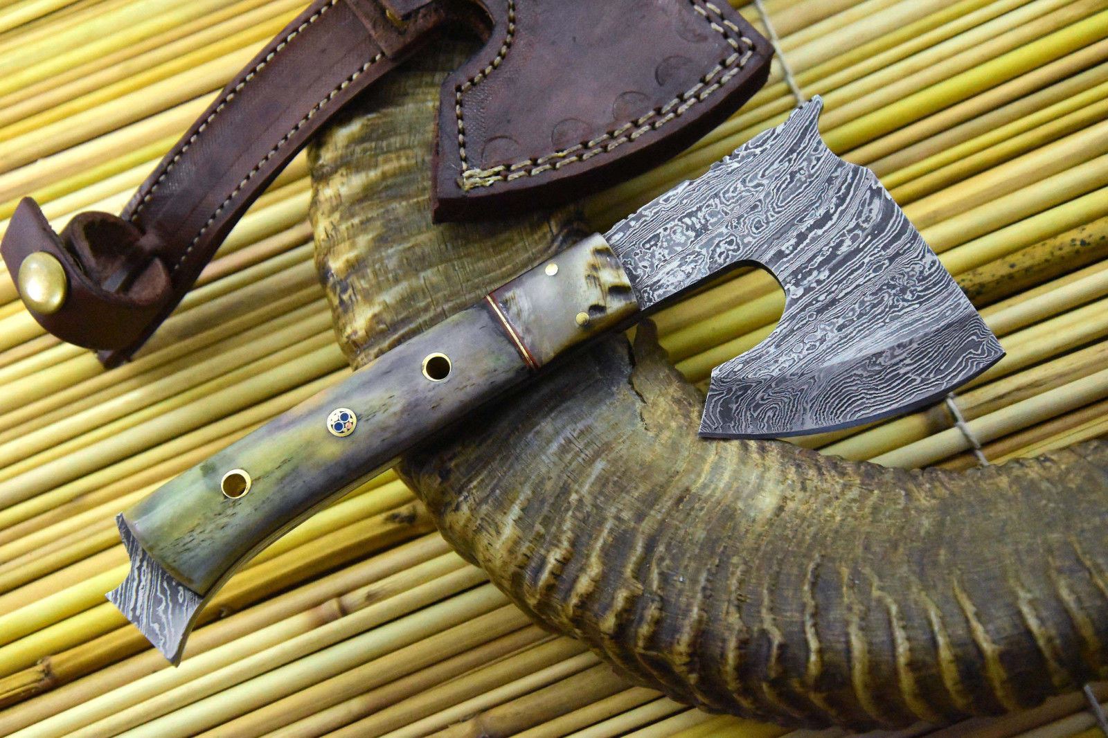 Damascus Axe Hunting Knife Handmade With Camel Bone & Rams Horn Handle (X767-D)