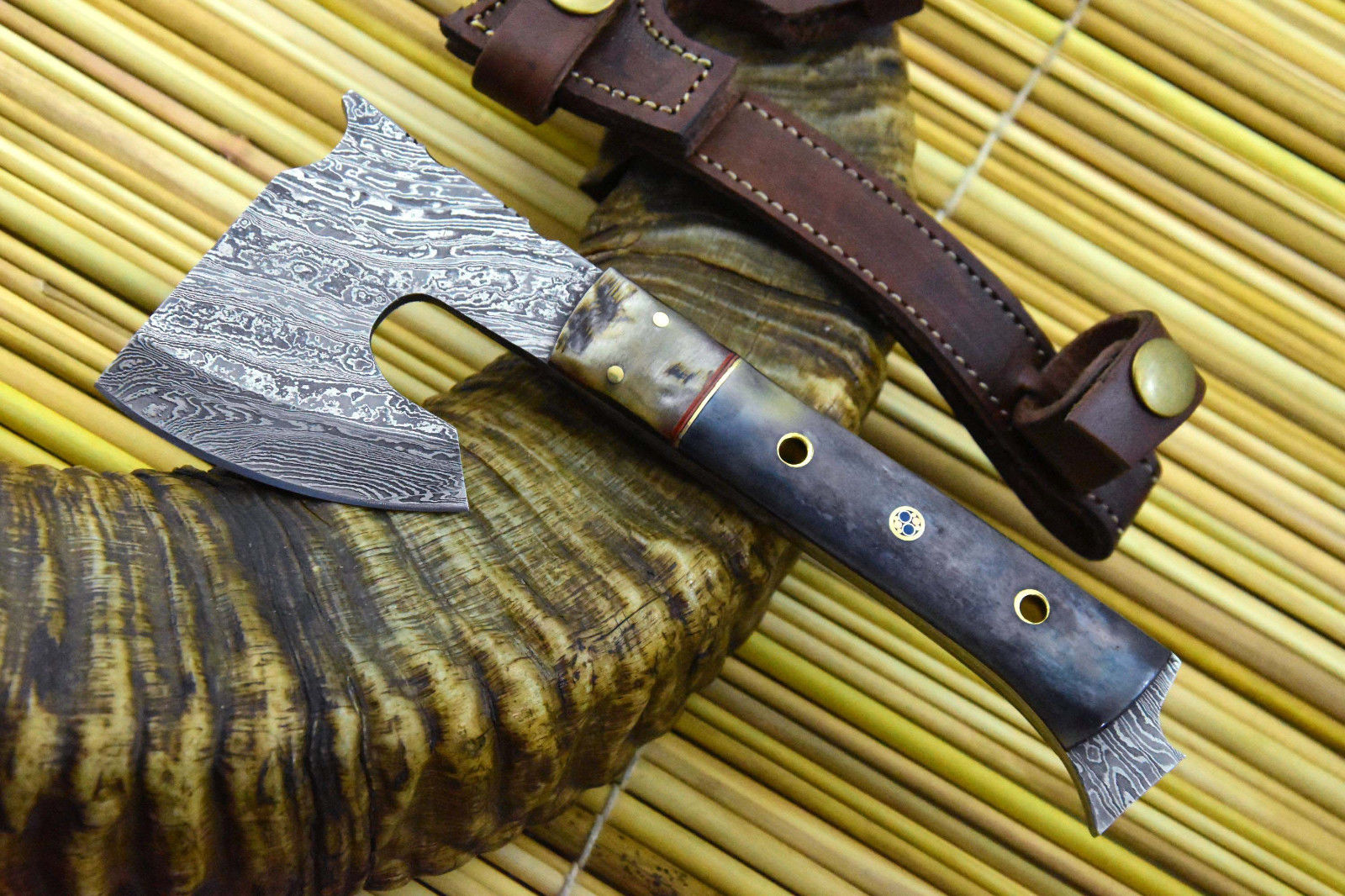 Damascus Axe Hunting Knife Handmade With Camel Bone & Rams Horn Handle (X767-D)