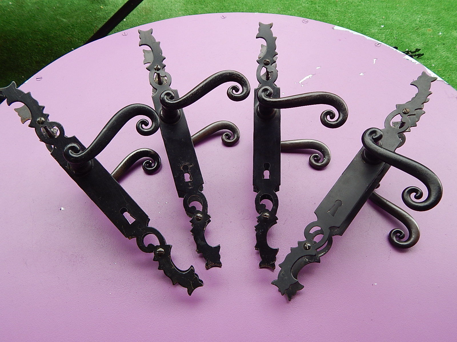 Vintage French, 4 pairs of Wrought Iron Door Handle