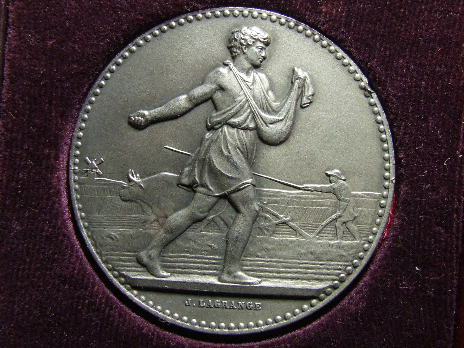 Art Nouveau agriculture Farmer Scattering Seed Silver medal by J LAGRANGE in box