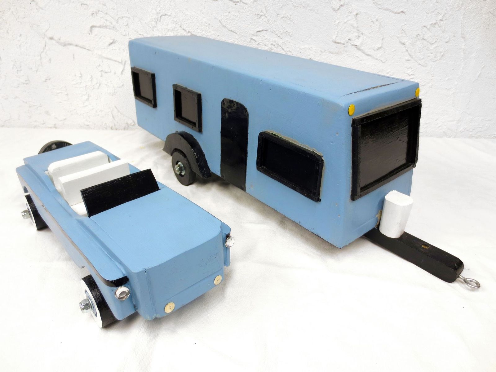 35" Long Vintage Wood Car and Camper Trailer Home, Folk Art Toy, Blue