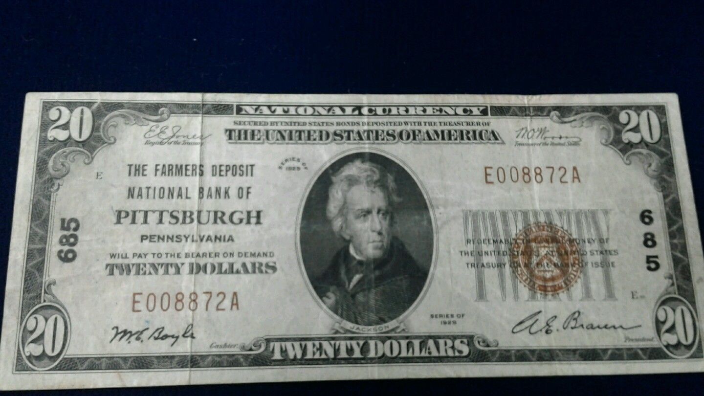 1929 NATIONAL CURRENCY 20 DOLLAR BROWN DEAL NOTE PITTSBURG PENN