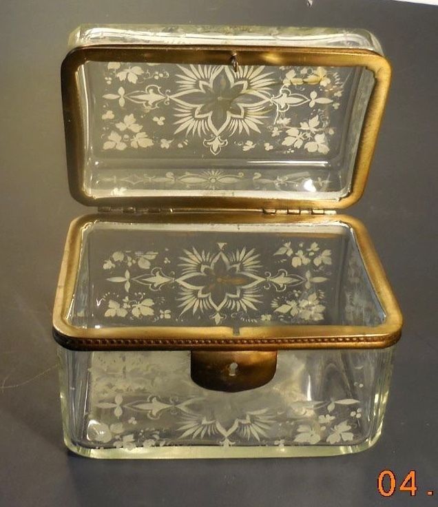 ANTIQUE BEVEL GLASS JEWELRY CASKET+HAND-PAINTED ENAMEL-FRENCH??-NO LOCK-AS-IS