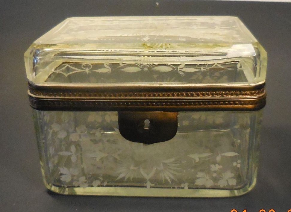 ANTIQUE BEVEL GLASS JEWELRY CASKET+HAND-PAINTED ENAMEL-FRENCH??-NO LOCK-AS-IS