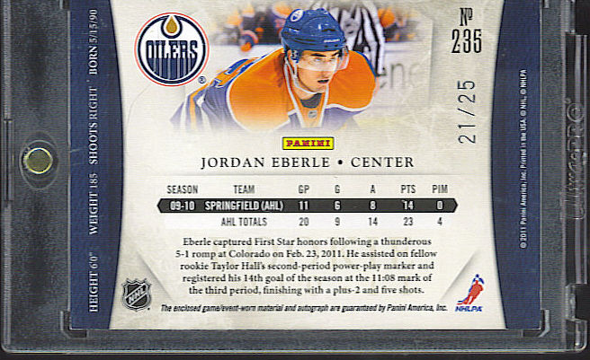 2010-11 PANINI DOMINION JORDAN EBERLE RC AUTO / PATCH ..GOLD  21/25 .. 3 CLR .