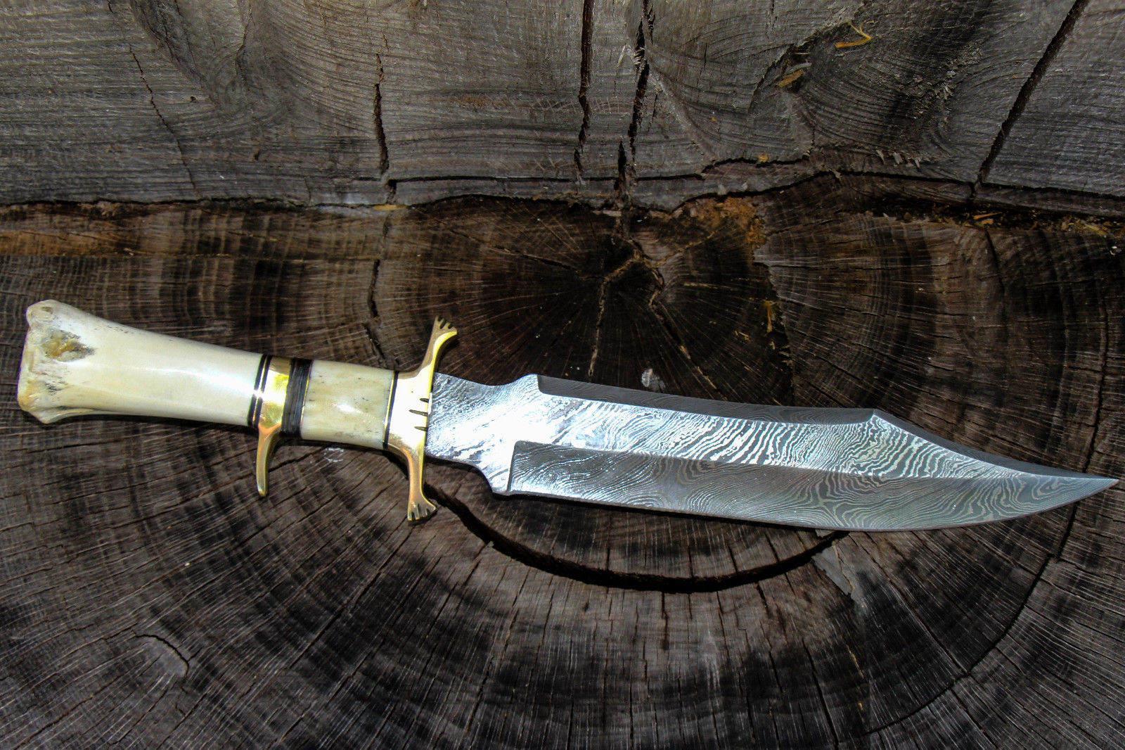 15" INCH CUSTOM HAND MADE DAMASCUS STEEL HUNTING BOWIE KNIFE CAMEL BONE HANDLE