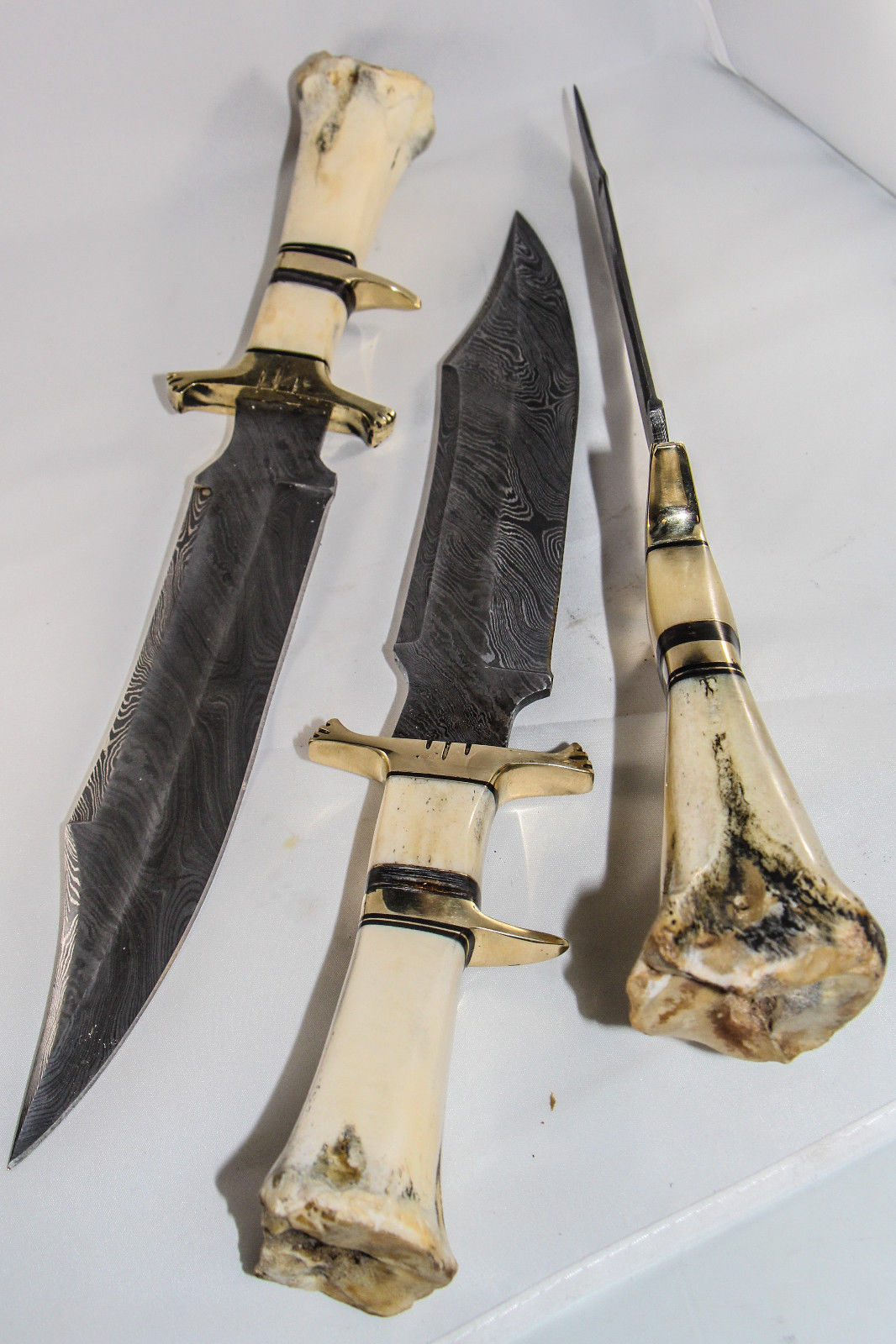 15" INCH CUSTOM HAND MADE DAMASCUS STEEL HUNTING BOWIE KNIFE CAMEL BONE HANDLE