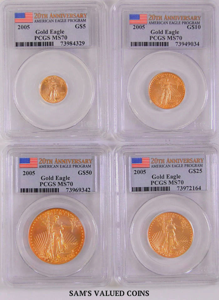 2005 AMER. GOLD EAGLE  20th ANNIVERSARY FOUR COIN SET - PCGS MS70 -1.85 OZ GOLD