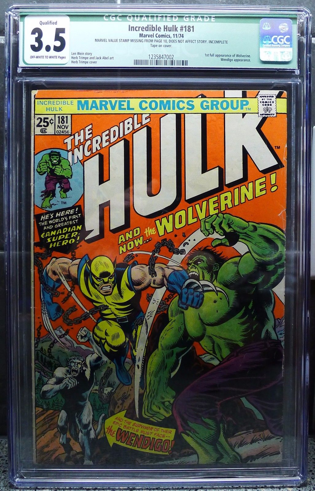 Incredible Hulk #181 CGC 3.5 Qualified OW/W 1st Appearance of Wolverine