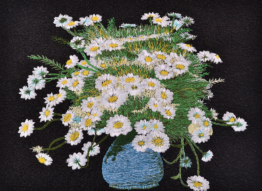 READY TO FRAME! 18" BROCADED SILK EMBROIDERY PIECE : DAISIES ZEN ART STILL LIFE