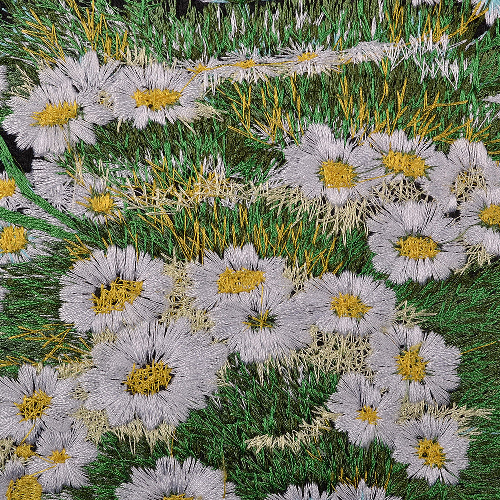 READY TO FRAME! 18" BROCADED SILK EMBROIDERY PIECE : DAISIES ZEN ART STILL LIFE