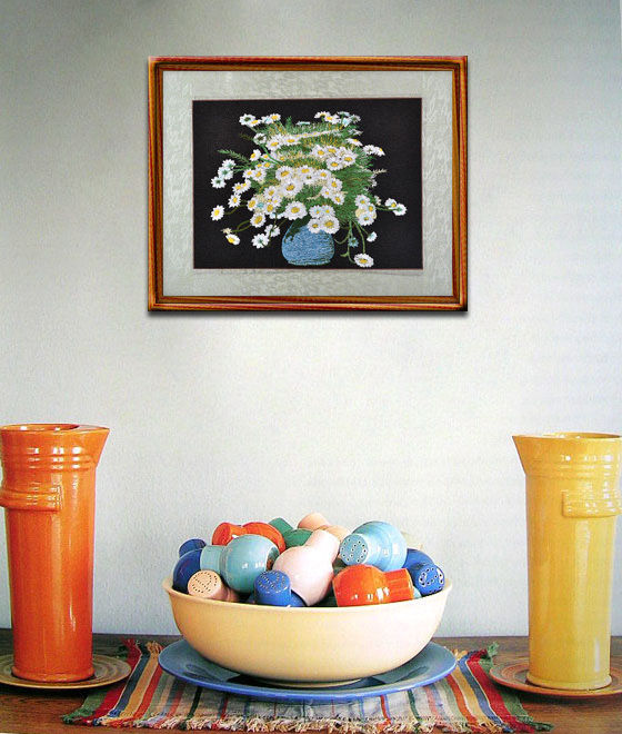 READY TO FRAME! 18" BROCADED SILK EMBROIDERY PIECE : DAISIES ZEN ART STILL LIFE